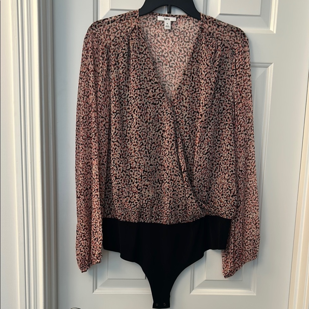 Bar III Pink and Black Wrap Long Sleeve Bodysuit